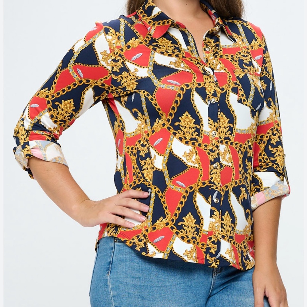 DNA Couture Red and Gold Chain Print Button-Down Shirt